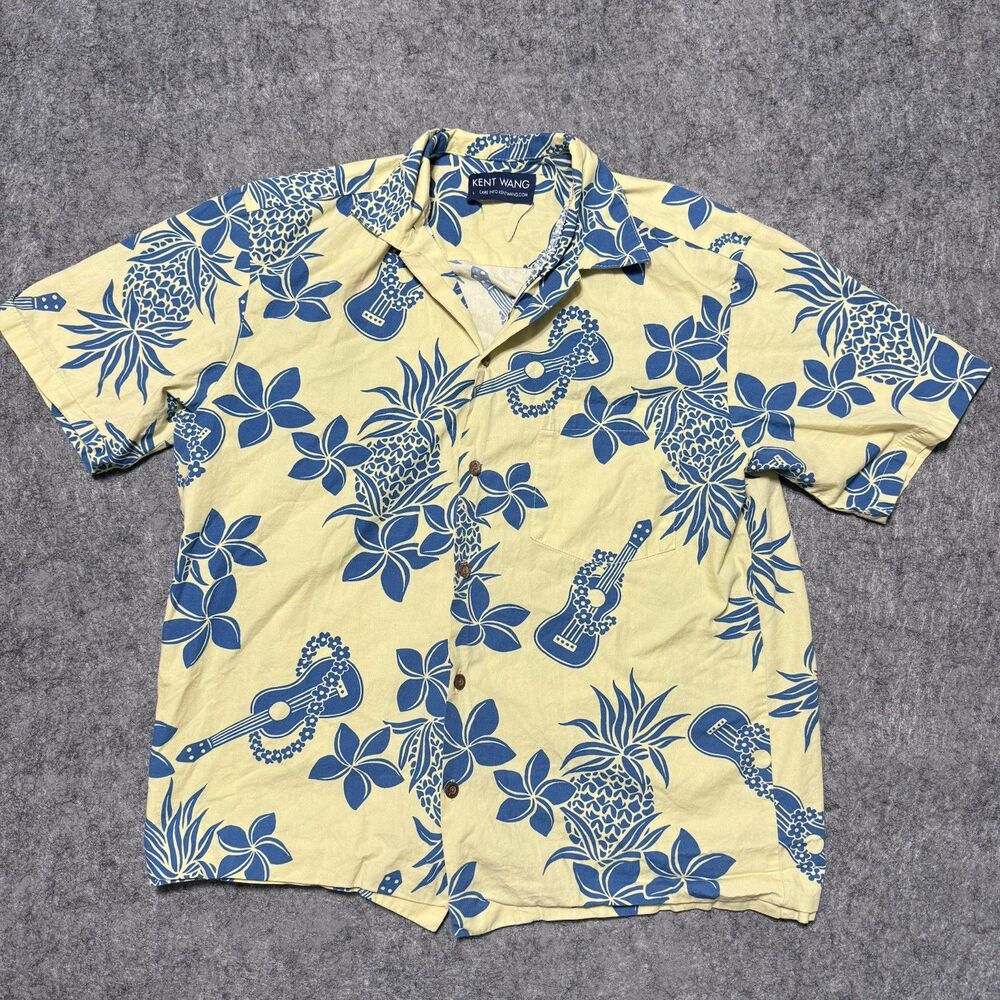 Kent Wang Ukulele Cream Aloha Shirt Large Made in Hawaii Camp Collar Slim Fit